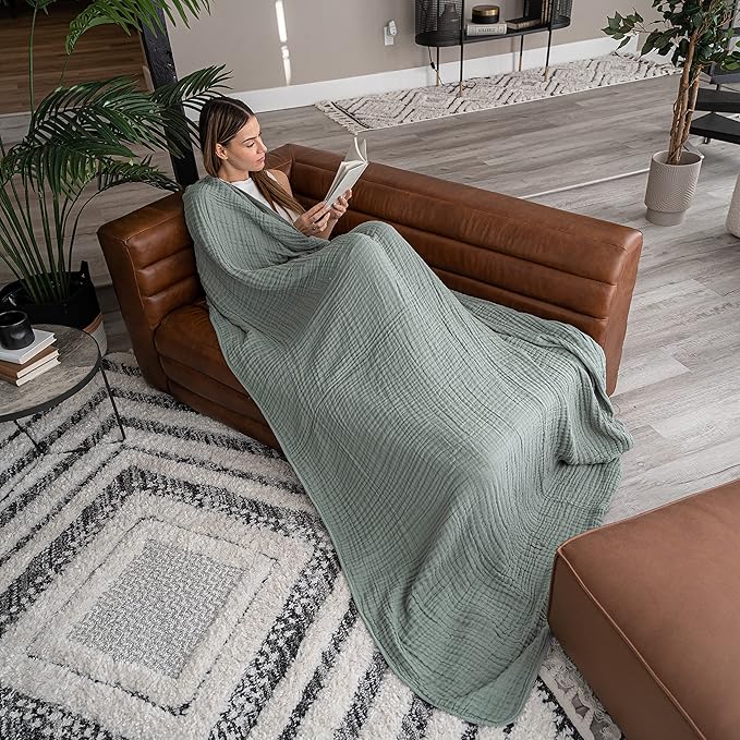 Comfy Cubs Adult Muslin Blanket 90x66” Twin Swaddle Blankets, Fern | 6 Layer Soft, Breathable & Lightweight Muslin Adult Blanket - Machine Washable & Designed in the US Bedding for All Seasons