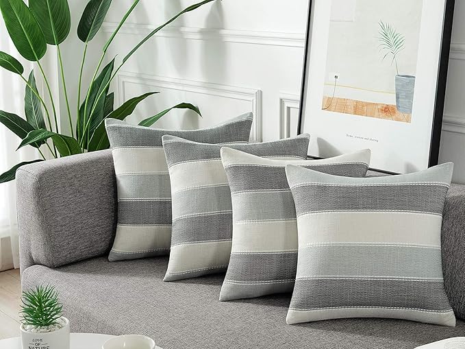 Pack of 2 Farmhouse Stripe Check Throw Pillow Covers Set Case Cotton Linen Decorative Pillowcases Cushion Cover for Couch Bench Sofa 24x24Inch Dark Grey Beige