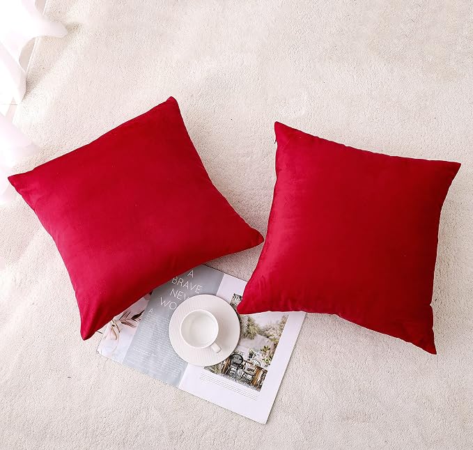 NiNi ALL Red Velvet Throw Pillow Covers 18x18 Pack of 2 Decorative Couch | Soft Solid Boho Cushion Squar Pillow Cases for Chair Sofa Bedroom Farmhouse Living room Modern Luxury Home Decor Christmas
