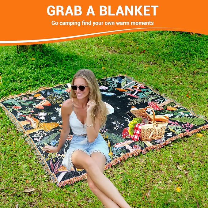 Moonlit Garden Woven Throw Blanket Cotton Boho Throw Blanket Moon Plant Blankets Boho Chic Decor Reversible Cute Witchy Throws Blankets with Tassels Bohemian Room Decor Luxury Couch Throws 51”x59”