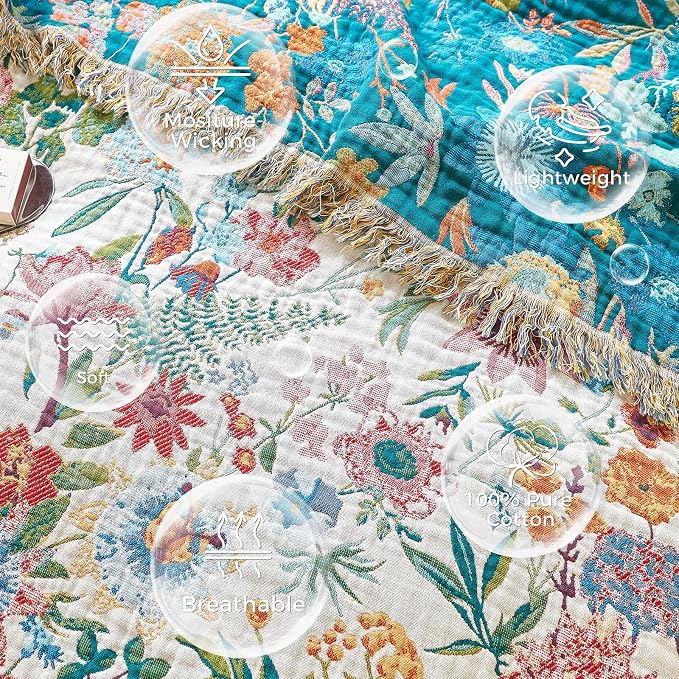 LUTBM Boho Throw Blanket for Couch 50"x60", Cotton Decorative Bed Throw | Reversible Floral Jacquard, All-Season Blankets, For Chair Sofa Living Room Decor, Lightweight Breathable Gauze, Women Gifts