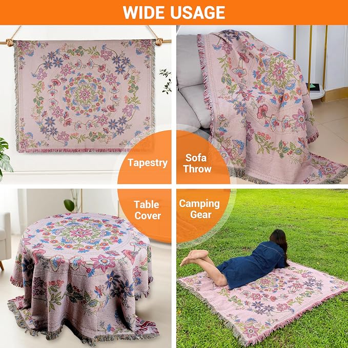 Mandala Flower Boho Throw Blanket for Couch Bed Chair Lounge Hippie Room Decor Reversible Cotton Woven Whimsical Throw Blanket Witchy Room Decor Throws Bed Spread Outdoor Camping Blanket 51x59 Inches