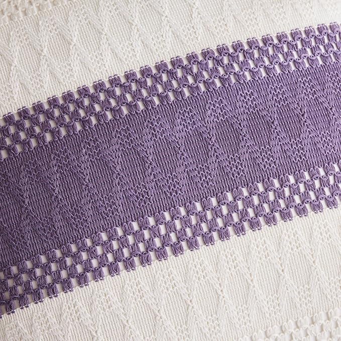 2pk Boho Pillow Covers 22x22, Natural White/Contrast/Purple | 100% Organic Cotton Body, Stripe Embroidery, Farmhouse Decorative Cushion Covers for Sofa Bed Living Room Home Decor