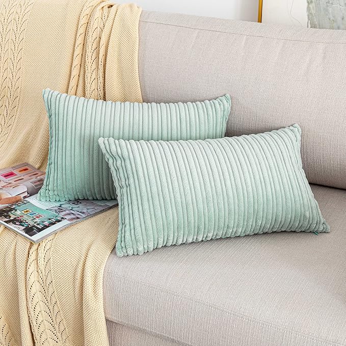 UGS UGASA Velvet Pillow Covers Striped, Spring Decorative Throw Pillow Cover Cushion Case with Hidden Zipper for Home Couch/Bedroom, Soft Cozy Solid Oblong, 1 Pack (12"x20", Mint Green)