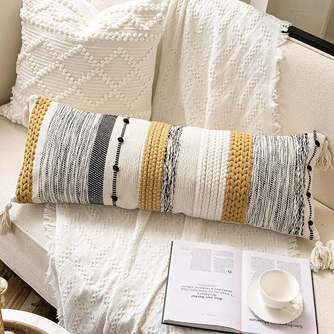 Decorative Lumbar Throw Pillow Cover 14x36 Boho Long Cushion for Bed Yellow Mustard Accent Farmhouse Pillowcase for Bedroom Living Room Couch Sofa Home Décor Cover ONLY