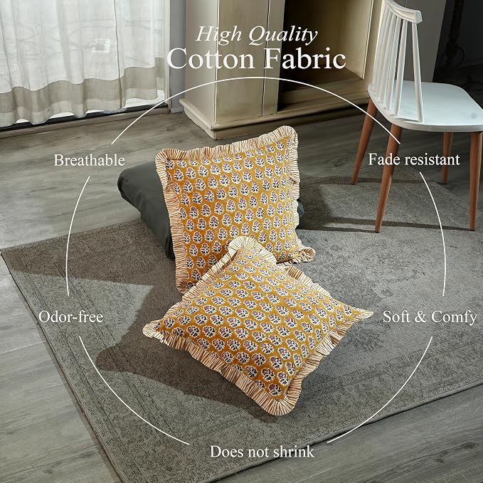 CPC Yellow Citrine Ruffle Throw Pillow Covers for Couch, 18x18 Inch Cotton Stripe Ruffle Couch Pillows for Living Room, Hidden 14 Inch Zipper Boho Pillow Case or Cute Outdoor Ruffle Pillows