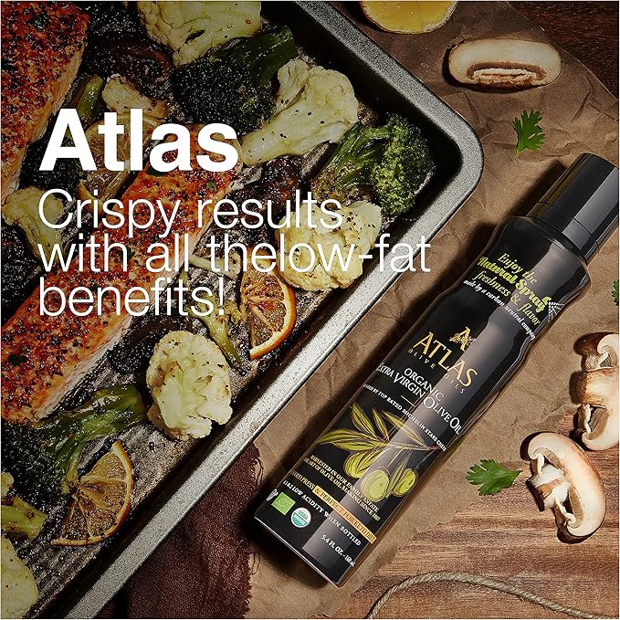 Olive Oil Spray by Atlas, Dual Function Olive Oil Cooking Spray and Stream, 5.4 fl oz, 3 Pack, Extra Virgin, Non Stick, Cold Pressed, Polyphenol Rich, Organic Moroccan EVOO, Hydroxytyrosol, Keto