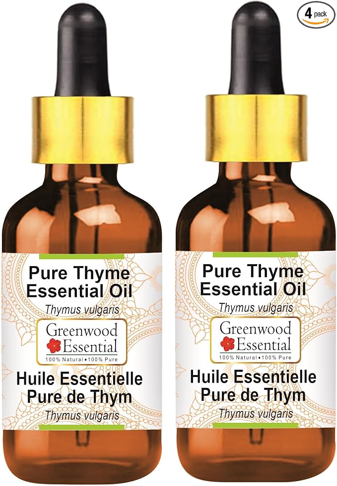 Greenwood Essential Thyme Essential Oil (Thymus vulgaris) with Glass Dropper Steam Distilled (Pack of Two) 100ml X 2 (6.76 oz)