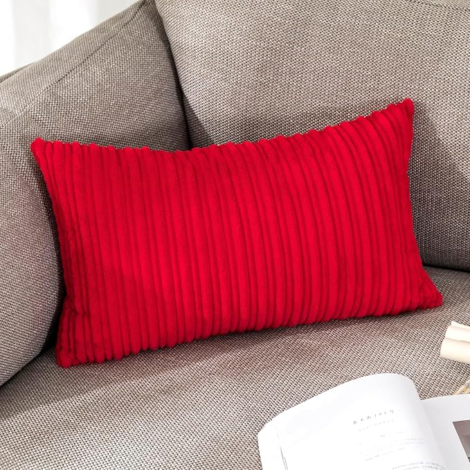 UGASA Christmas Decor Pillow Covers Velvet Striped Pillow Cover Lumbar Cushion Case for Lumbar, 1 Piece, 12x20-inch (30x50cm),Red
