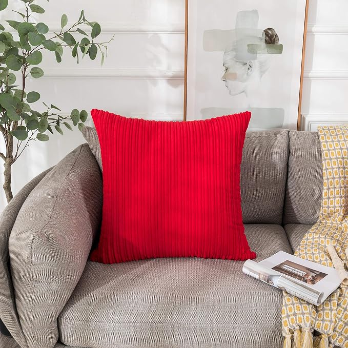 UGASA Valentines Corduroy Striped Soft Soild Decorative Square Throw Pillow Covers Set Cushion Cases Pillowcases for Sofa Bedroom, 1 Pc, 26x26inch, Red