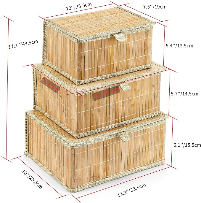 Honygebia Bamboo Decorative Storage Boxes - Set of 3 Woven Lined Storage Basket with Lids, Beige Wicker Lidded Baskets for Home Kitchen Shelf Organizer Decor