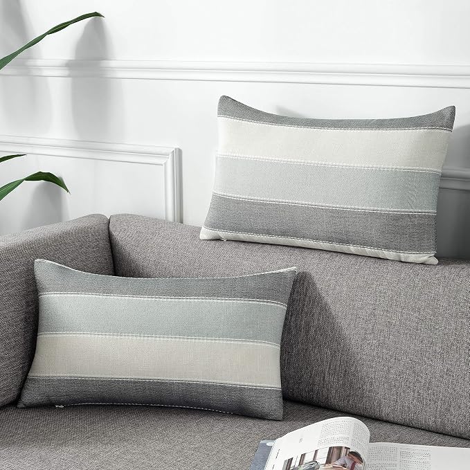 Pack of 2 Farmhouse Stripe Check Throw Pillow Covers Set Case Cotton Linen Decorative Pillowcases Cushion Cover for Couch Bench Sofa 12x20Inch Dark Grey Beige