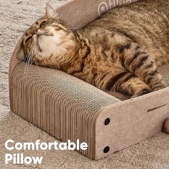 FUKUMARU Large Cat Scratcher Bed, 26 Inch Cat Scratching Bed Sofa Indoor | Cardboard Cat Scratcher with 2 Reversible Scratch Pad Refills, Durable Large Cat Scratching Lounger with Ball Toy, Beige