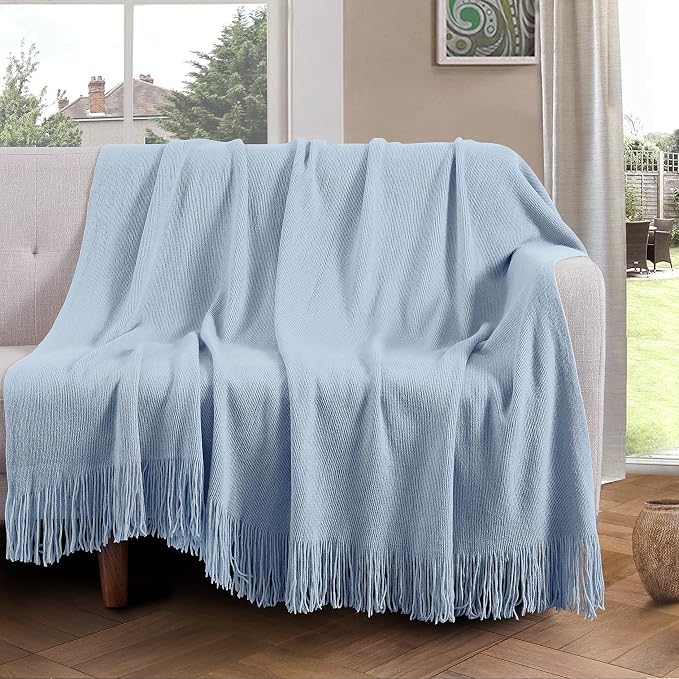 Vonty Light Blue Knitted Throw Blanket with Tassels Fringe, 50x60 Acrylic | Super Soft And Lightweight, Year-Round Cozy Warmth, Farmhouse Decorative Style, Machine Washable, for Couch, Sofa or Bed