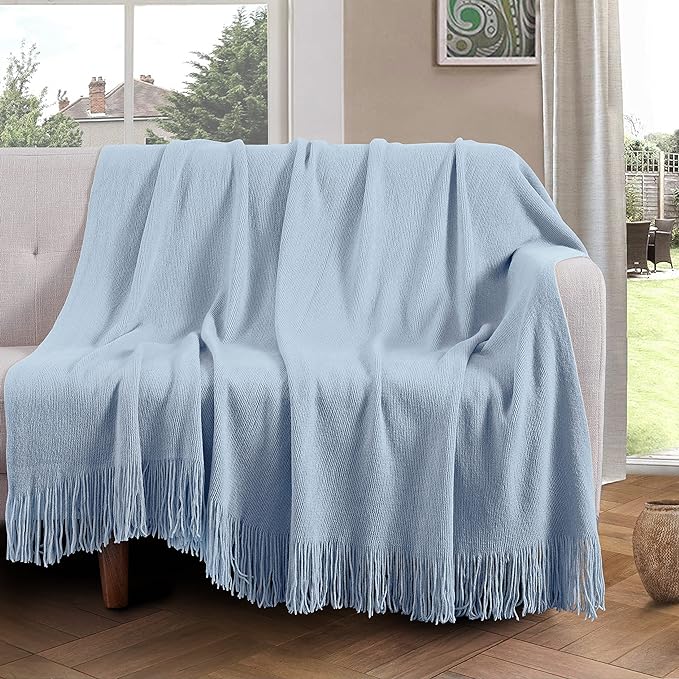 Vonty Light Blue Knitted Throw Blanket with Tassels Fringe, 60x80 Acrylic | Super Soft And Lightweight, Year-Round Cozy Warmth, Farmhouse Decorative Style, Machine Washable, for Couch, Sofa or Bed