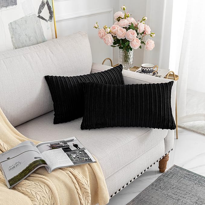 UGASA 14x20 Inch Pillow Cover Pack of 1 Soft Boho Stripe Corduroy Long Rectangular Lumbar Cushion Cover Farmhouse Decorative Throw Pillowcase for Bed, Couch, Sofa, Bedroom, Living Room, Black