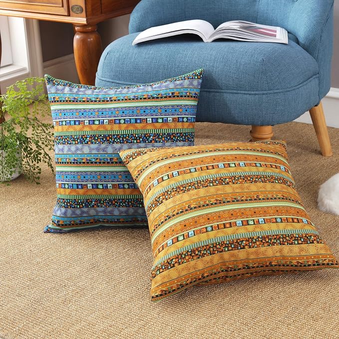 TAOSON Red Stripe Bohemian Style Antique Cotton Blend Linen Sofa Throw Pillowcase Cushion Cover Pillow Cover with Hidden Zipper Closure Only Cover No Insert 24x24 Inch 60x60cm