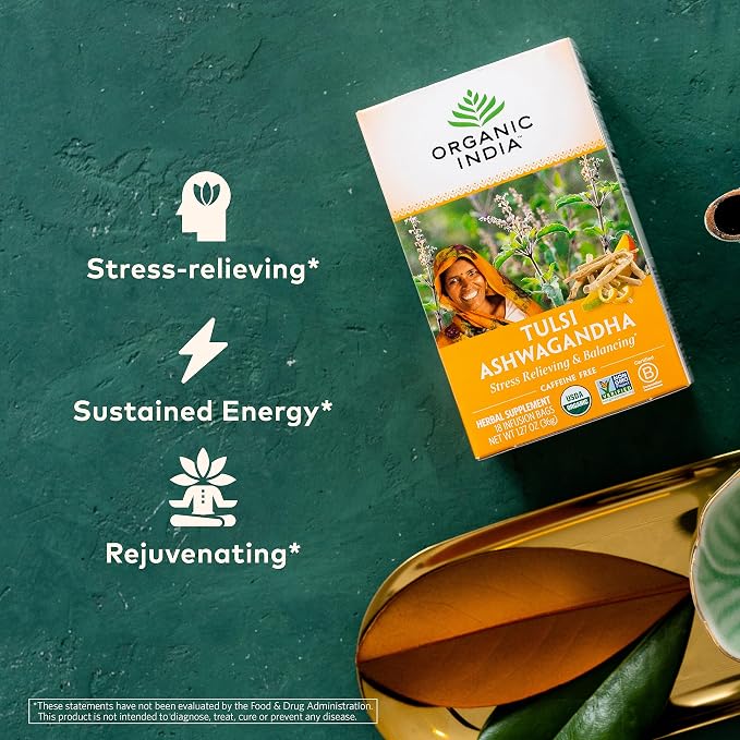 ORGANIC INDIA Calming Tulsi Ashwagandha Herbal Tea - Holy Basil Tea with Ashwagandha Root, Supports Restful Sleep - Adaptogen, Vegan, USDA Certified Organic, Non-GMO - 18 Infusion Bags, 3 Pack