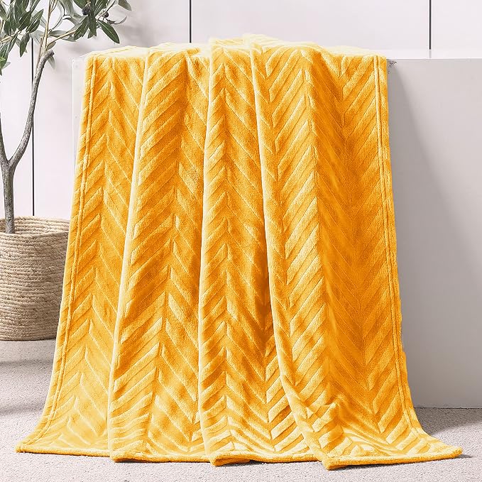 Whale Flotilla Flannel Fleece Fall Throw Blanket for Couch, Lemon Yellow | Lightweight Breathable Soft Sofa Throws, Plush Fluffy Chevron Design Decorative Blankets for Home Life, 50x60 Inch