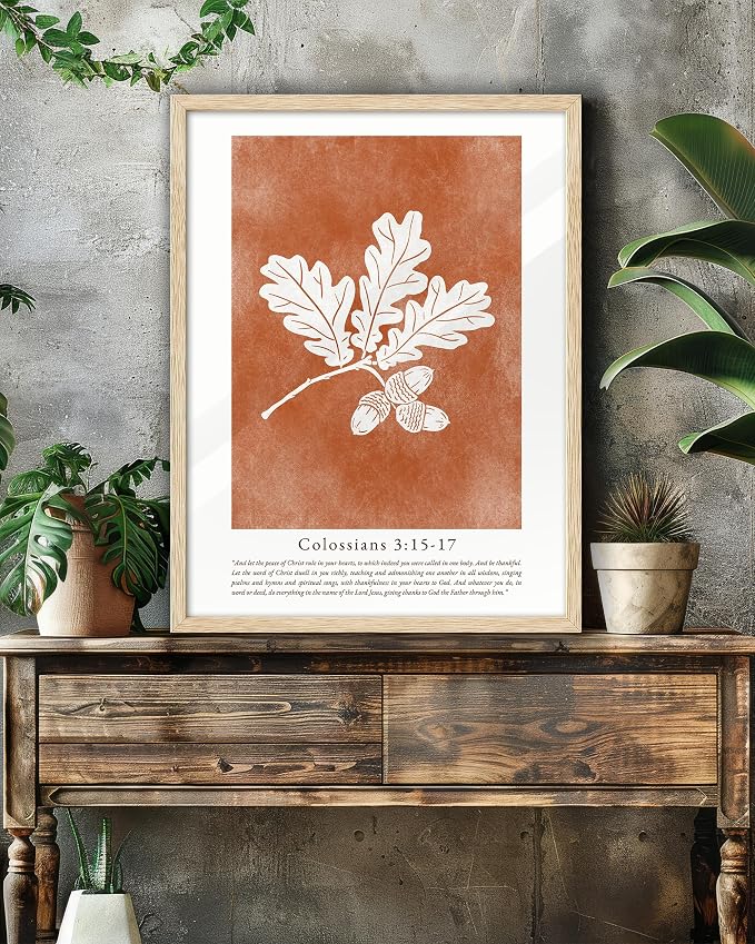 EcoHest 12x16 in Colossians Scripture Fall Botanical Christian Wall Art | Natural Oak Wood Frame with Canvas Wall Art, Burnt Orange Bible Verse Decor for Bedroom, Living Room, Office, Church, 1Pack
