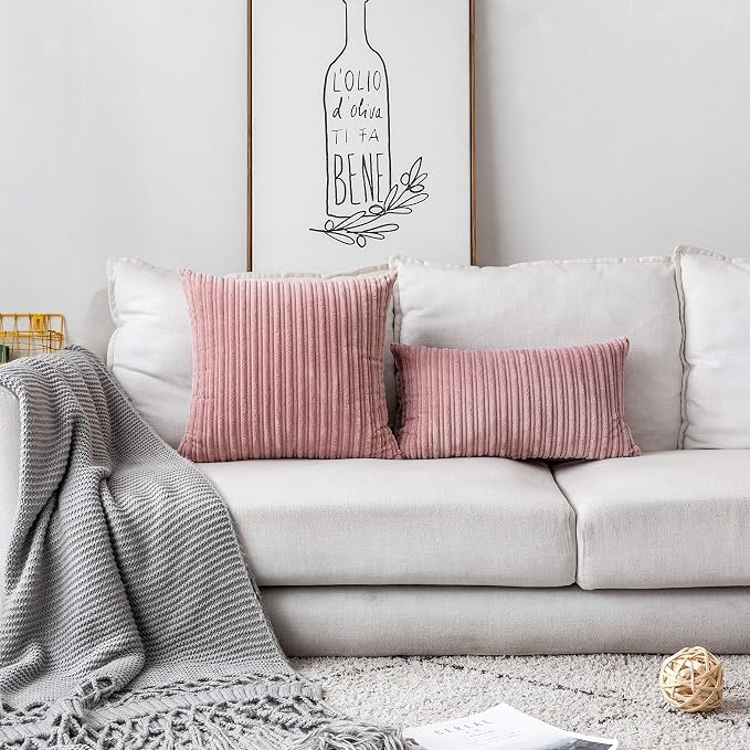 UGASA 14x20 Inch Pillow Cover Pack of 1 Soft Boho Stripe Corduroy Long Rectangular Lumbar Cushion Cover Farmhouse Decorative Throw Pillowcase for Bed, Couch, Sofa, Bedroom, Living Room, Baby Pink