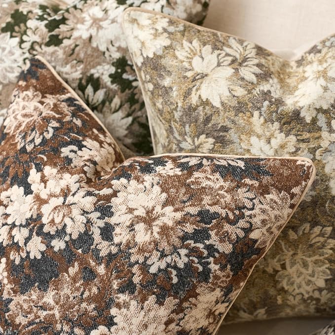 Neutral Floral Pillow Cover 20 x 20 Inches, Vintage Chenille Square Throw Pillow Cover Soft Decorative Farmhouse Accent Couch Pillow Cover for Living Room Bedroom, Coffee Brown