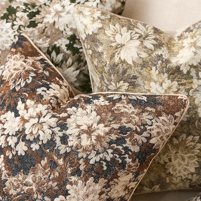 Neutral Floral Pillow Cover 24 x 24 Inches, Vintage Chenille Square Throw Pillow Cover Soft Decorative Farmhouse Accent Couch Pillow Cover for Living Room Bedroom, Coffee Brown