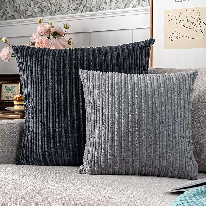 UGASA Corduroy Striped Soft Soild Decorative Square Throw Pillow Covers Set Cushion Cases Pillowcases for Sofa Bedroom, 1 Pc, 24x24inch, Dark Grey