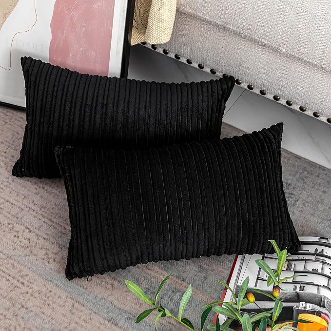 UGASA 12x24 Inch Pillow Cover Pack of 1 Soft Boho Stripe Corduroy Long Rectangular Lumbar Cushion Cover Farmhouse Decorative Throw Pillowcase for Bed, Couch, Sofa, Bedroom, Living Room, Black