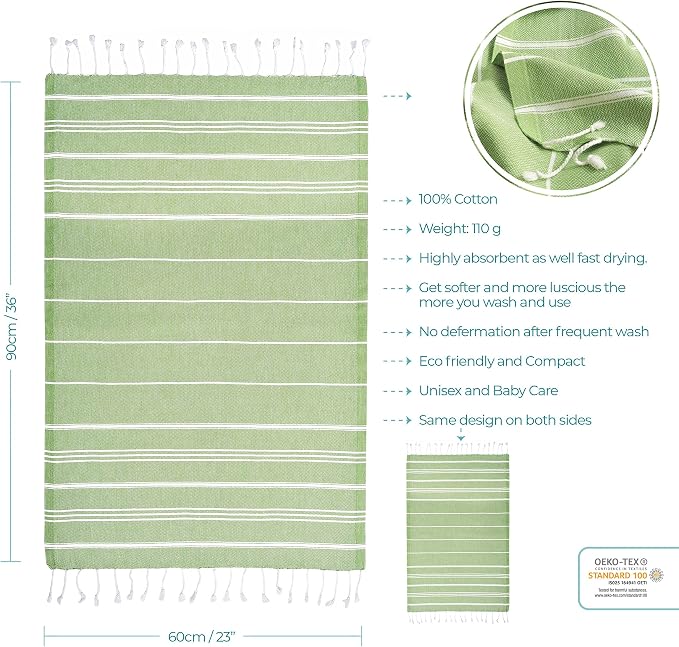 Cacala 100% Turkish Cotton Kitchen Tea Towels, Highly Absorbent Luxury Soft Quick Drying Dish Towel with Hanging Loop for Gym, Yoga, Bath, Sports, Cleaning and Kitchen (23 x 36), Olive