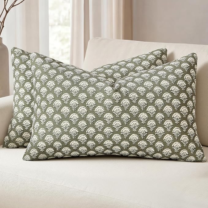 MIULEE Floral Print Decorative Lumbar Pillow Covers 12x20, Sage Green | Vintage Boho Farmhouse Modern Home Decor, Set of 2, Block Print Cushion Covers for Couch Sofa Bed Living Room