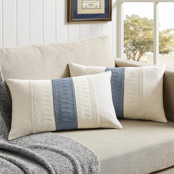 2 Pack Boho Lumbar Pillow Covers, Contrast Blue 12x20in | Soft Breathable Cotton, Farmhouse Decorative Couch Pillow Cases, Cushion Covers for Sofa Bed Living Room Home Decor