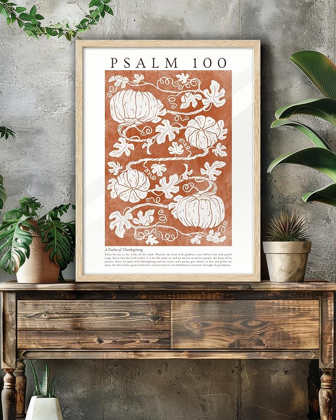 EcoHest 12x16in Psalm 100 Pumpkin Thanksgiving Botanical Christian Wall Art | Natural Oak Wood Frame with Canvas Wall Art, Fall Scripture Bible Verse Decor for Bedroom, Living Room, Office, Church, 1Pack