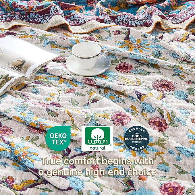 VANJOROY Boho Throw Blanket, 100% Organic Cotton Breathable Skin-Friendly Ultra Soft 60" x 80" Bed Quilt Throw - Floral Rustic Decor Luxury Reversible Blanket for Sofa Couch Chair and Gift,