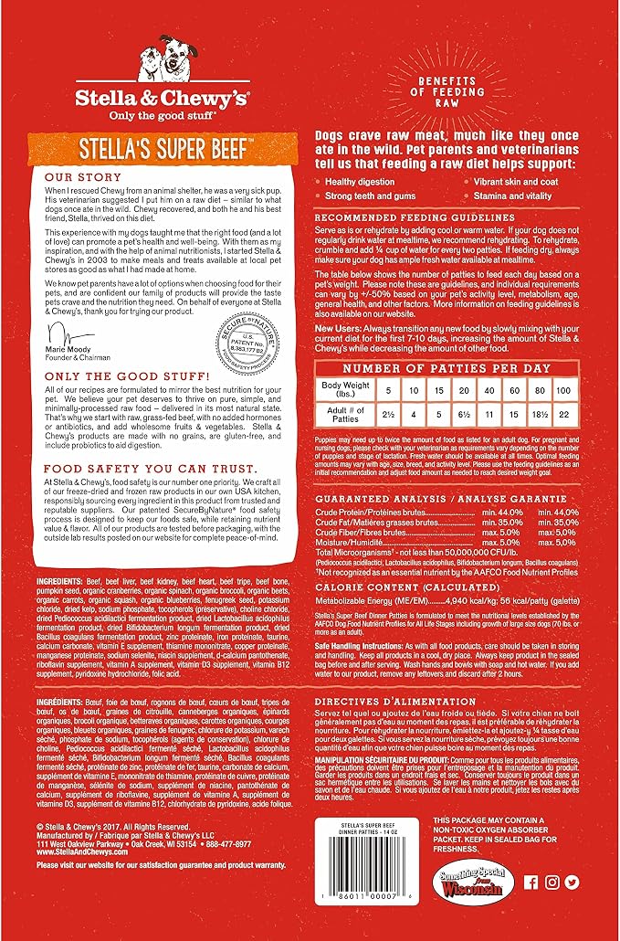 Stella & Chewy’s Freeze Dried Raw Dinner Patties – Grain Free Dog Food, Protein Rich Stella’s Super Beef Recipe – 5.5 oz