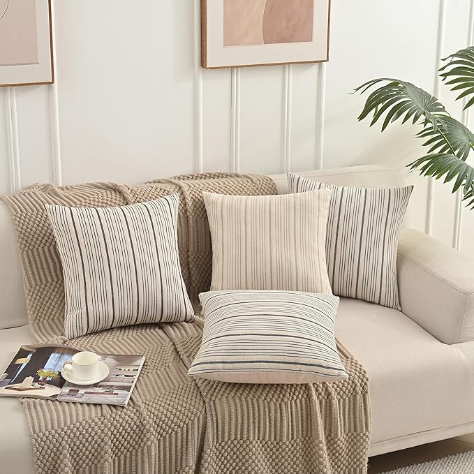 Navy Outdoor Striped Decorative Couch Throw Pillow Covers 16x16 | Pack of 2 Farmhouse 16 x16 in Square Throw Pillows for Couch Sofa Bed Navy and Cream