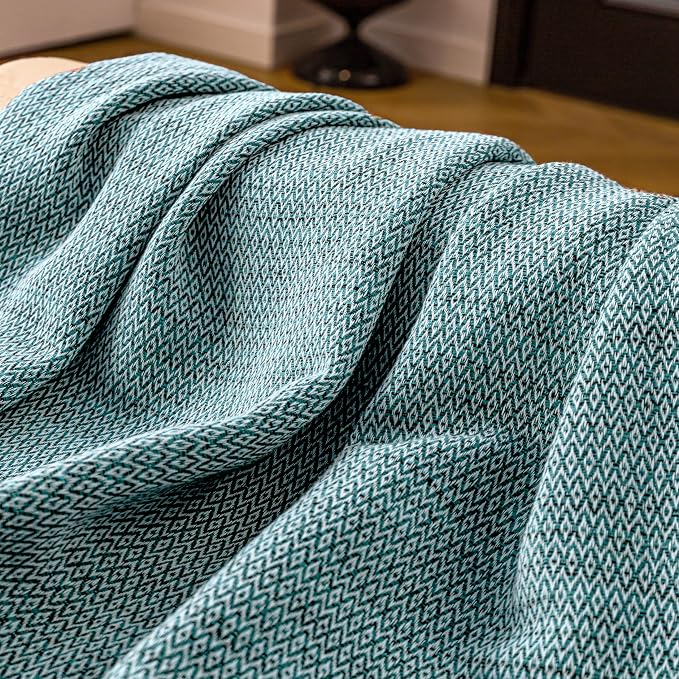 Peshtemania Premium Cotton Throw Blanket, 50x60 inches, Light Blue, Turkish Herringbone, Farmhouse Decor, Yoga Blanket, Picnic Blanket