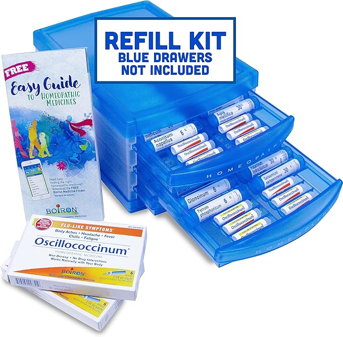Boiron HomeoFamily Refill Kit with The Essentials - 32 Assorted Homeopathic 6c and 30c Tubes, 12 Oscillococcinum Doses - This is a Homeo Family Refill Kit (Does Not Include Blue Storage Drawers)