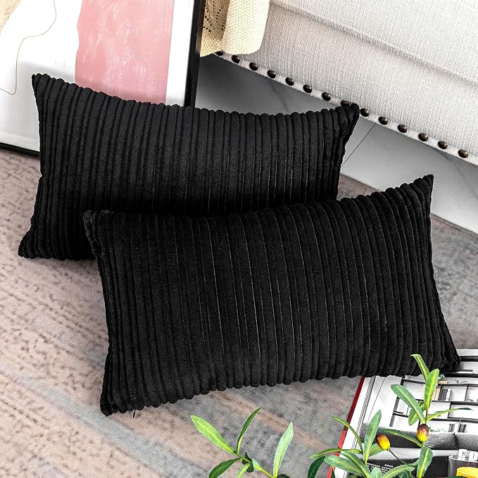 UGASA Velvet Lumbar Throw Pillow Cover, Both Sides Corduroy Striped Soft Solid Decorative Rectangular Cushion Case for Couch/Bedroom/Car, 1 Pack, 12x20 Inch, Black
