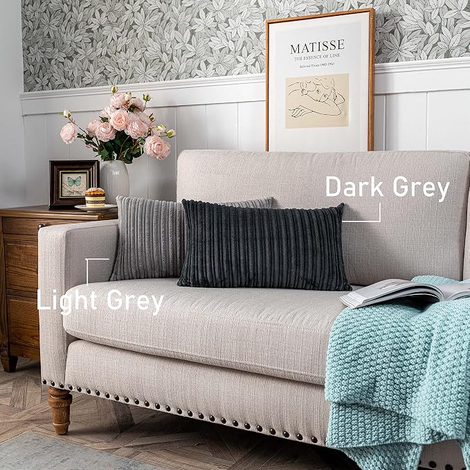 UGASA Velvet Pillow Covers Striped, Decorative Throw Cushion Case with Hidden Zipper for Home Couch/Bedroom, Soft Cozy Solid Oblong, 1 Piece (12"x20", Light Grey)