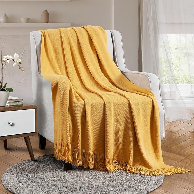 Vonty Mustard Yellow Knitted Throw Blanket with Tassels, 50x60 Acrylic | Super Soft And Lightweight, Year-Round Cozy Warmth, Farmhouse Decorative Style, Machine Washable, for Couch, Sofa or Bed