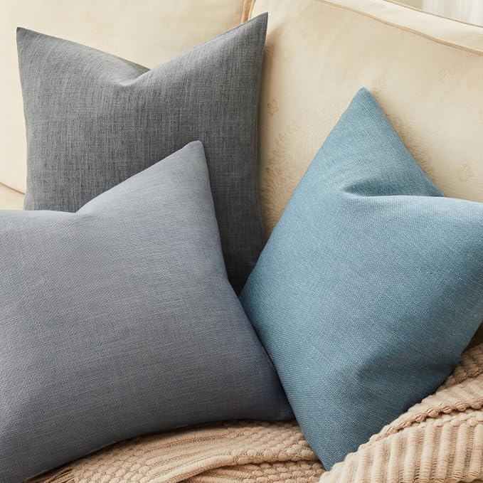 Rustic Linen Throw Pillow Covers Set of 2, Blue Ashes 20x20in | Textured Pillow Case, Rustic Cotton Linen Fabric, Modern Farmhouse Cushion Covers for Sofa Bed Living Room Home Decor