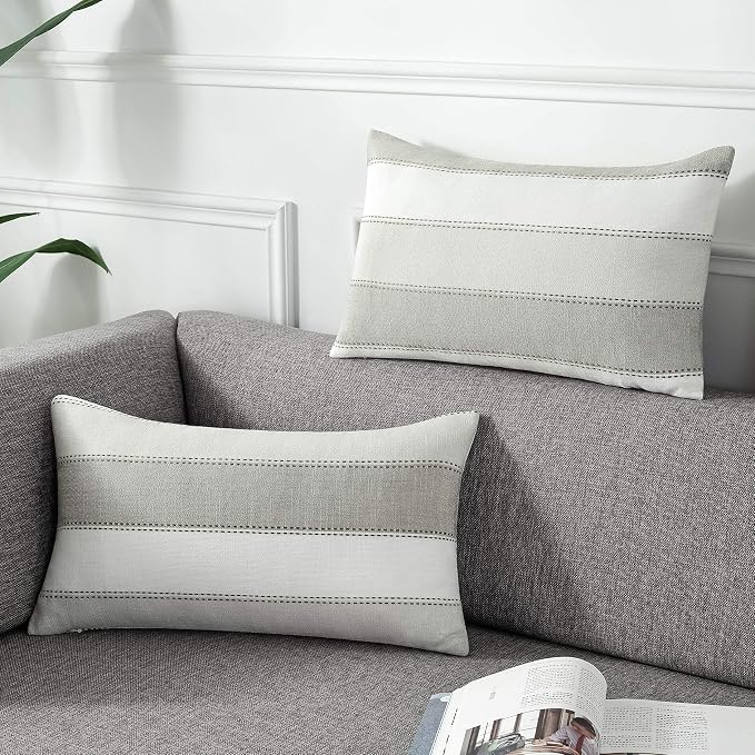 Pack of 2 Farmhouse Stripe Check Throw Pillow Covers Set Case Cotton Linen Decorative Pillowcases Cushion Cover for Couch Bench Sofa 12x20Inch Light Grey Beige