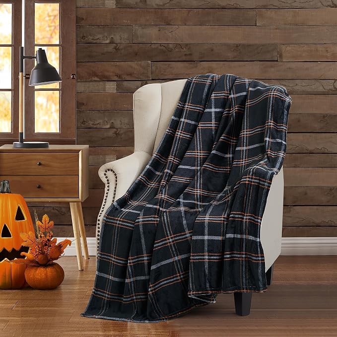 Halloween Fall Fleece Throw Blanket, Black White Orange Plaid, 50x60 | Ultra-soft cozy flannel fleece, for sofa bed couch chair & dorms, spooky Halloween décor, durable and machine washable.