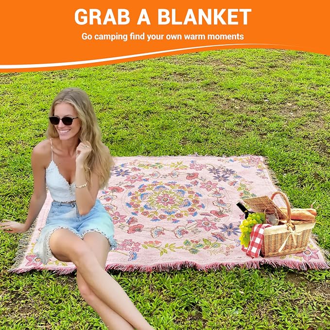 Mandala Flower Boho Throw Blanket for Couch Bed Chair Lounge Hippie Room Decor Reversible Cotton Woven Whimsical Throw Blanket Witchy Room Decor Throws Bed Spread Outdoor Camping Blanket 51x59 Inches