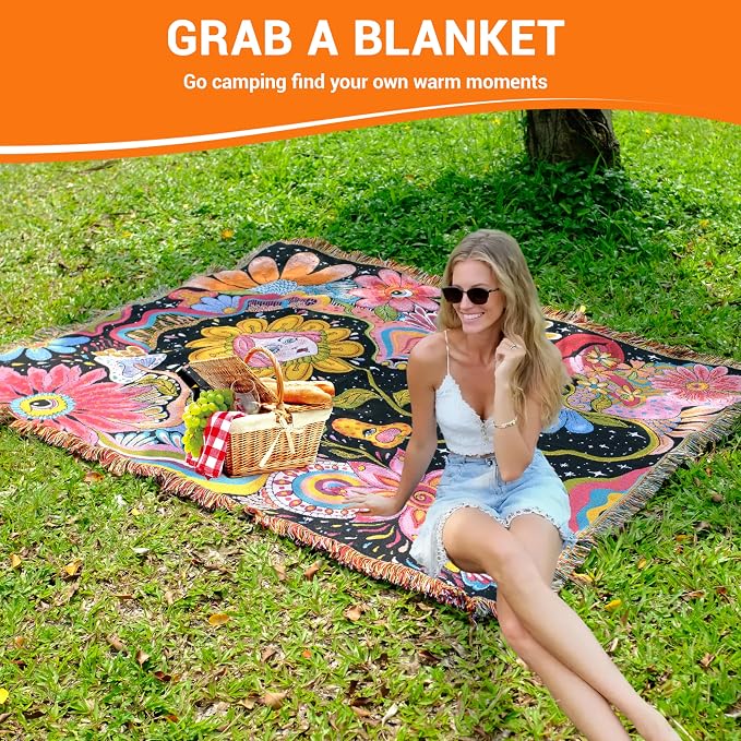 Hippie Flower Boho Throw Blanket for Couch Bed Chair Lounge Hippie Room Decor Reversible Cotton Woven Whimsical Throw Blanket Witchy Room Decor Throws Bed Spread Outdoor Camping Blanket 51x59 Inches