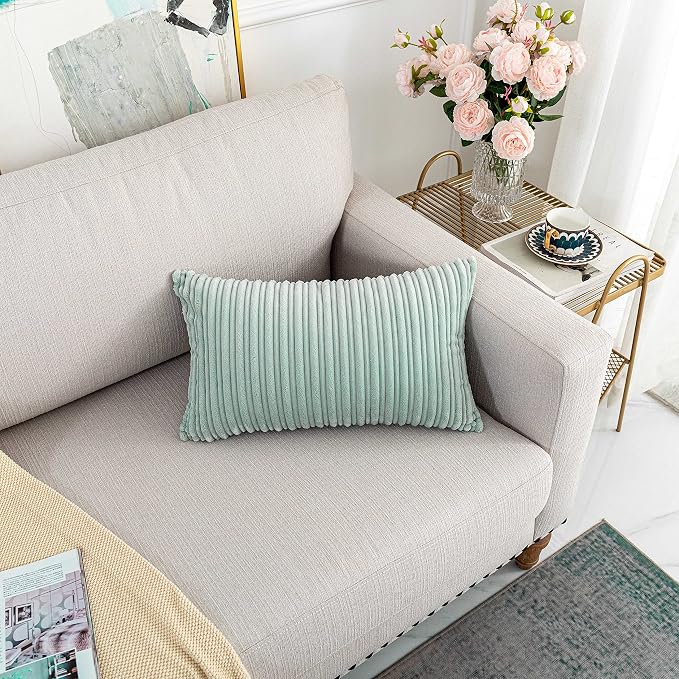 UGS UGASA Velvet Pillow Covers Striped, Spring Decorative Throw Pillow Cover Cushion Case with Hidden Zipper for Home Couch/Bedroom, Soft Cozy Solid Oblong, 1 Pack (12"x20", Mint Green)