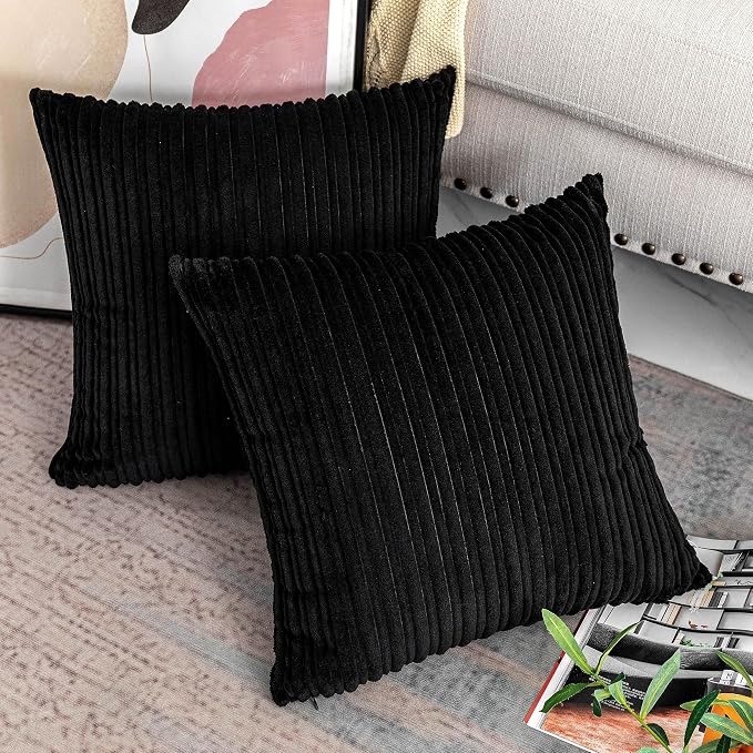 UGASA Super Soft Plush Corduroy Pillow Covers Solid Textured Large Throw Euro Pillow Sham Cushion Cover for Couch Floor, 2 Pcs, 18 x 18(45cm), Black