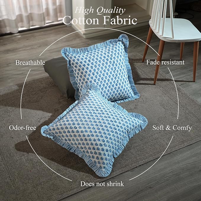 CPC Block Print Ruffle Throw Cover Apatite Blue 24"x24" Inch Pack of 2-100% Cotton Ruffle Couch Decorative Boho Pillows Case for Living Room, Bedroom, Sofa, Farmhouse Gift for Spring, Mother's Day