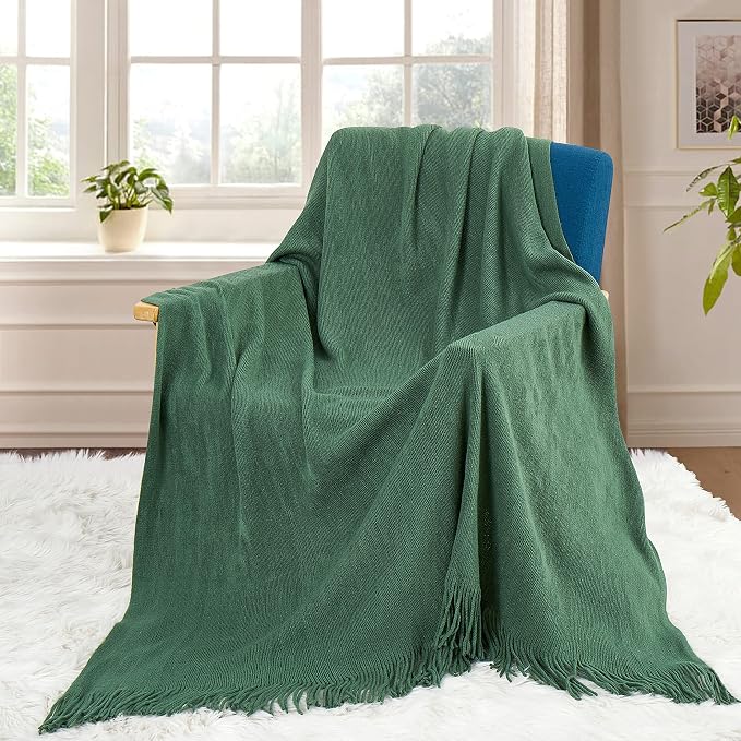 Homiest Dark Green Knitted Throw Blanket with Fringe, 50x60 Inch | Pure Acrylic, Lightweight & Breathable, All-Season Use, Machine Washable, Wrinkle & Fade Resistant, for Couch Sofa And Bed